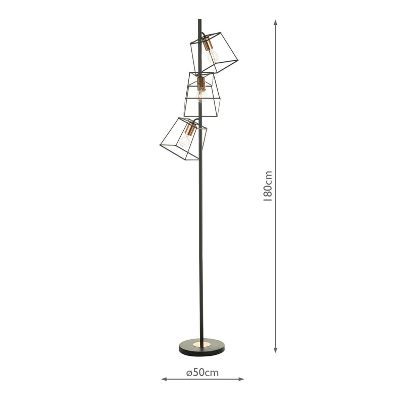Dar Lighting Tower 3 Light Floor Lamp Matt Black and Polished Copper • TOW4922