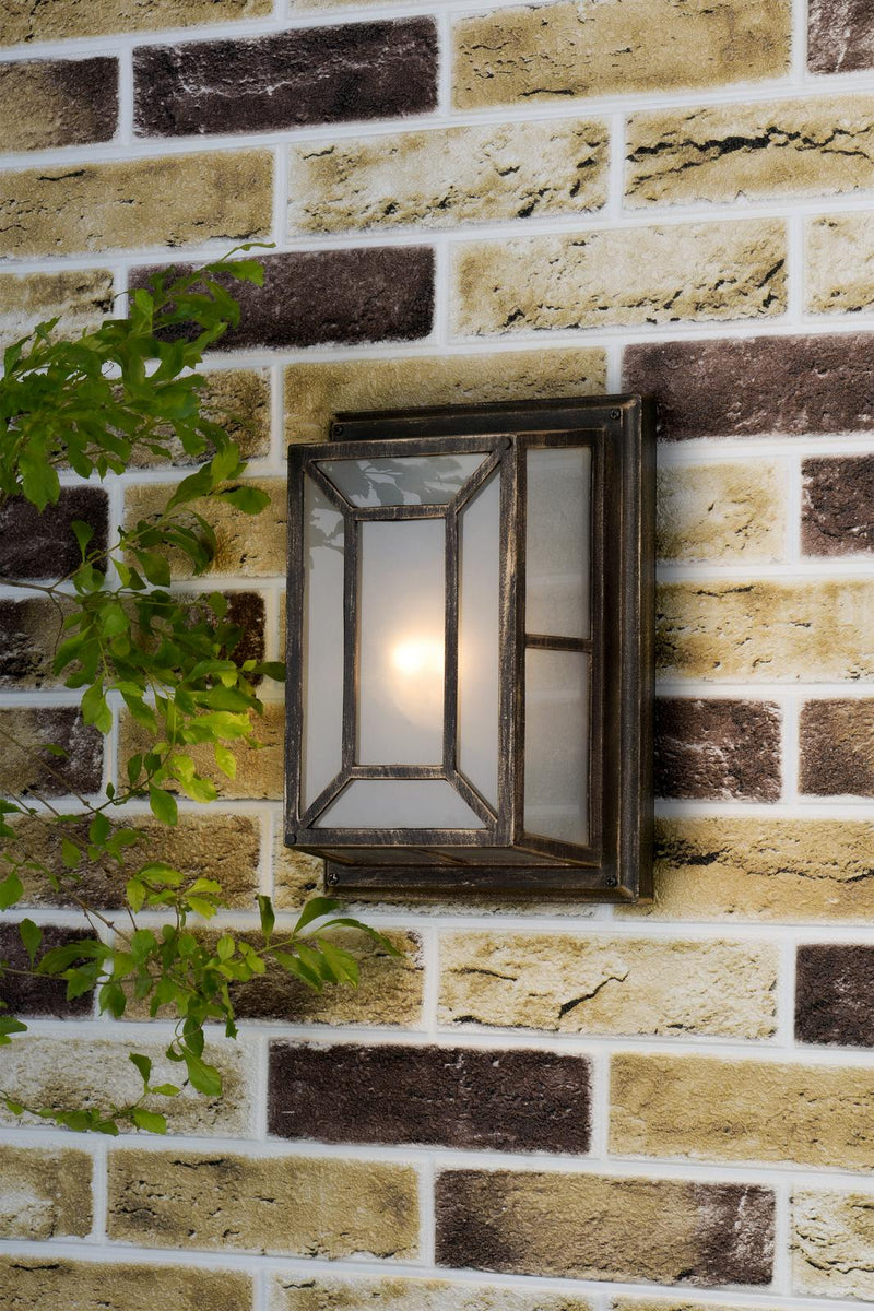 Dar Lighting Trent Outdoor Wall Light Black/Gold Frosted Glass IP44 • TRE5254