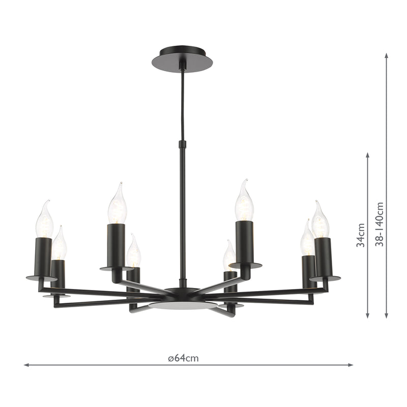 Dar Lighting Tyler 8 Light Armed Pendant Matt Black Fitting Only • TYL0822
