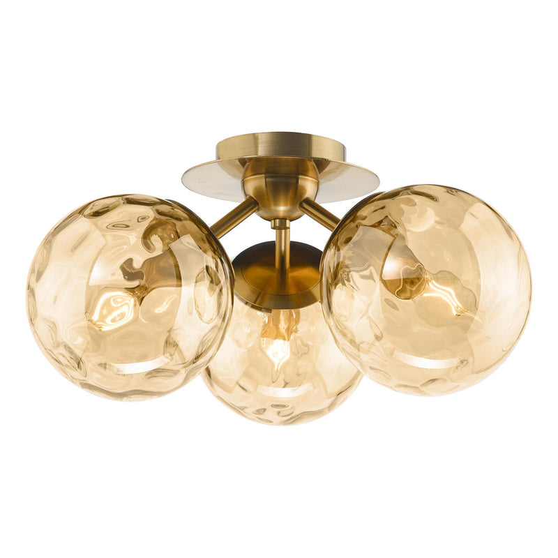 Dar Lighting Ulrika 3 Light Flush Antique Brass and Amber Glass • ULR5306