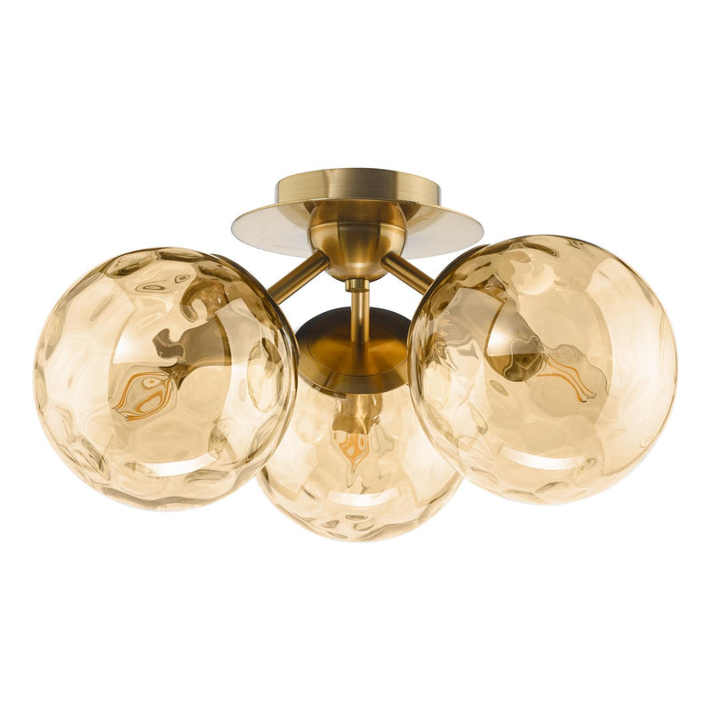 Dar Lighting Ulrika 3 Light Flush Antique Brass and Amber Glass • ULR5306
