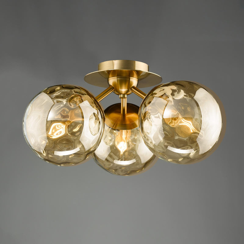 Dar Lighting Ulrika 3 Light Flush Antique Brass and Amber Glass • ULR5306