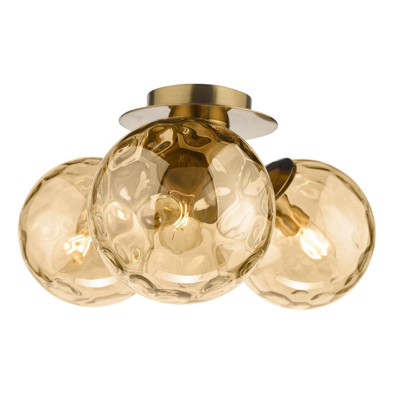 Dar Lighting Ulrika 3 Light Flush Antique Brass and Amber Glass • ULR5306
