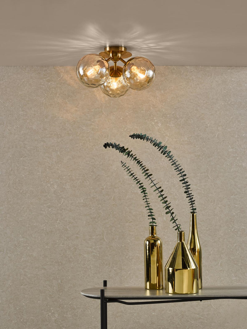 Dar Lighting Ulrika 3 Light Flush Antique Brass and Amber Glass • ULR5306