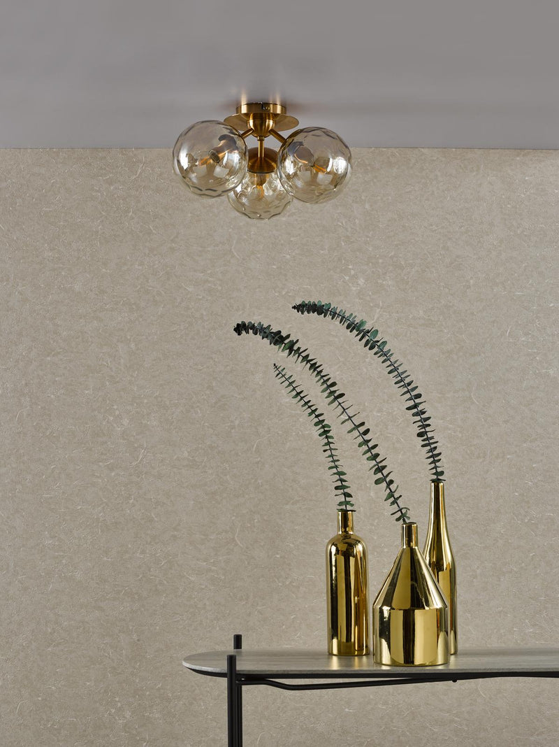 Dar Lighting Ulrika 3 Light Flush Antique Brass and Amber Glass • ULR5306