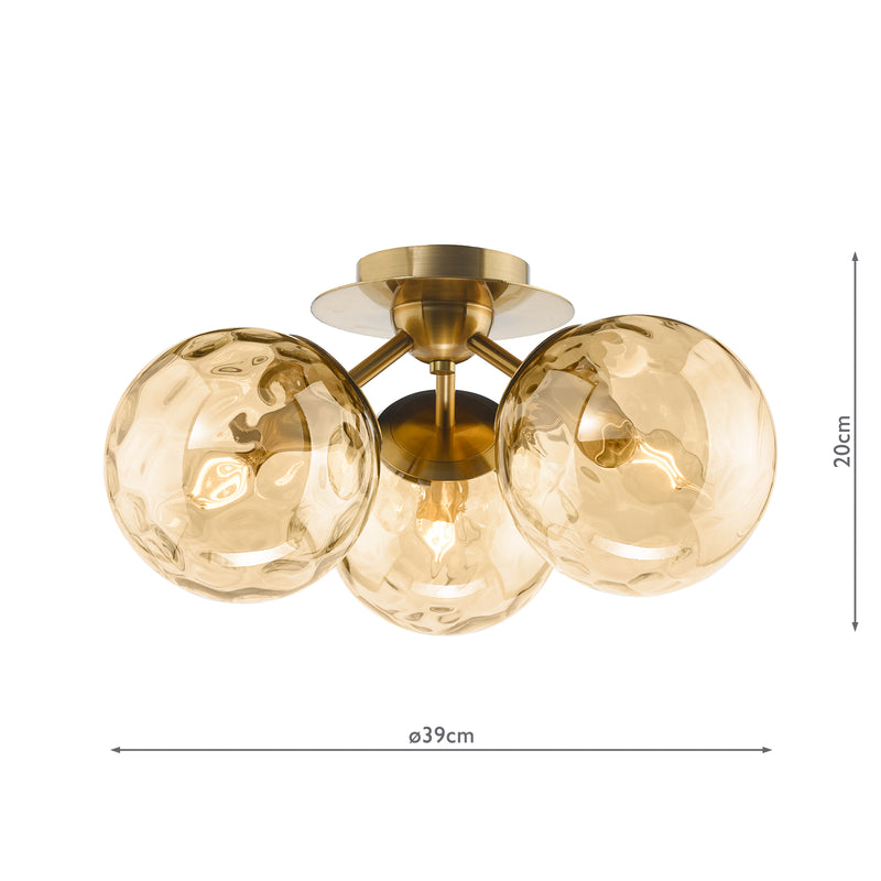Dar Lighting Ulrika 3 Light Flush Antique Brass and Amber Glass • ULR5306