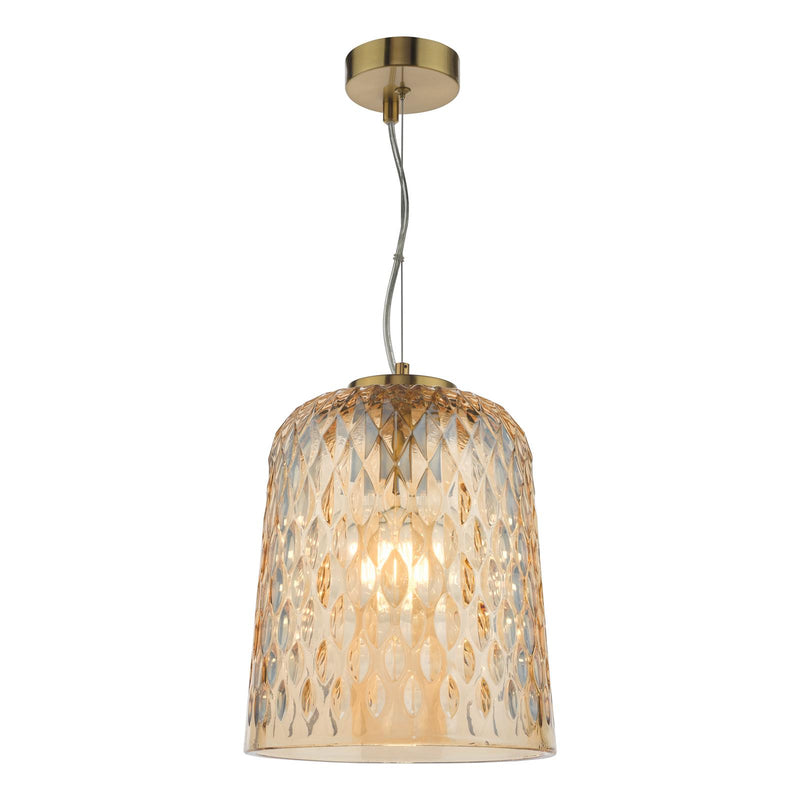 Dar Lighting Varius Pendant Natural Brass and Amber Glass • VAR0120