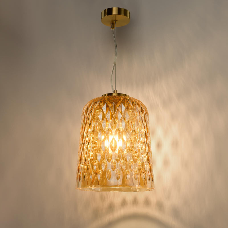 Dar Lighting Varius Pendant Natural Brass and Amber Glass • VAR0120