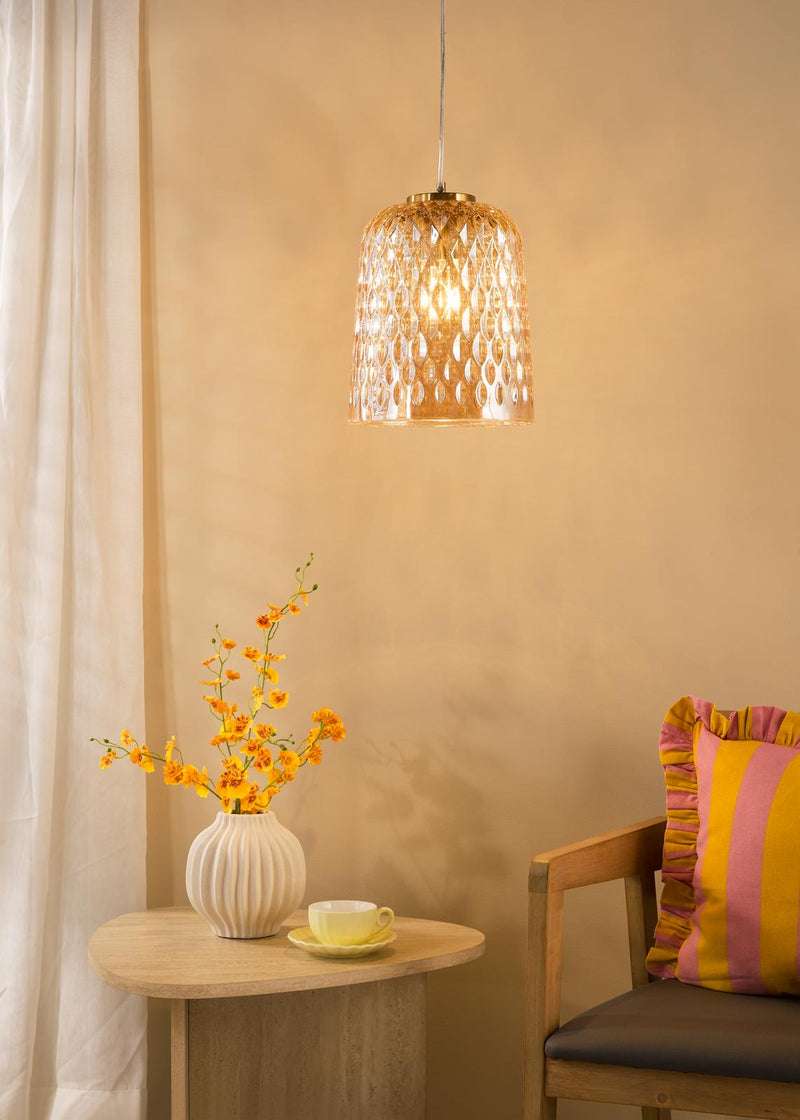 Dar Lighting Varius Pendant Natural Brass and Amber Glass • VAR0120