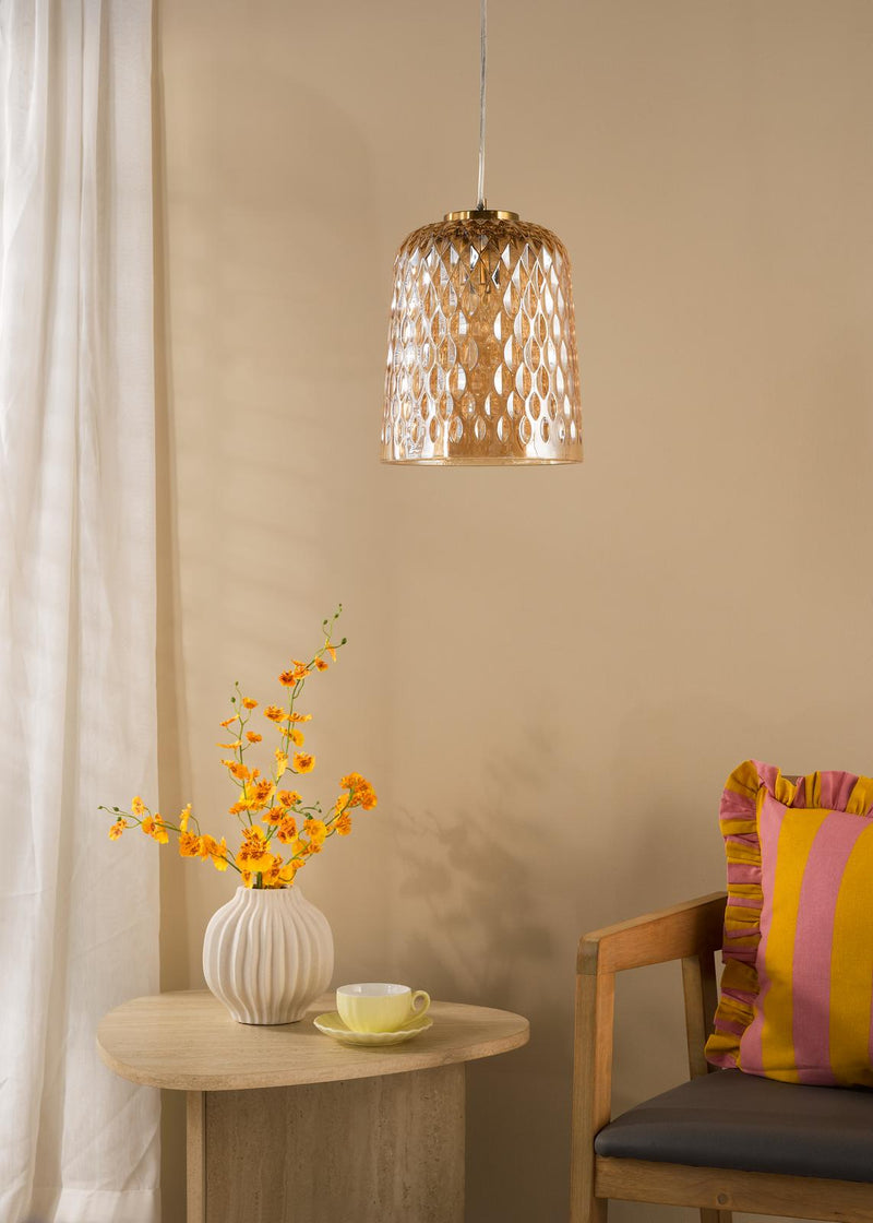 Dar Lighting Varius Pendant Natural Brass and Amber Glass • VAR0120
