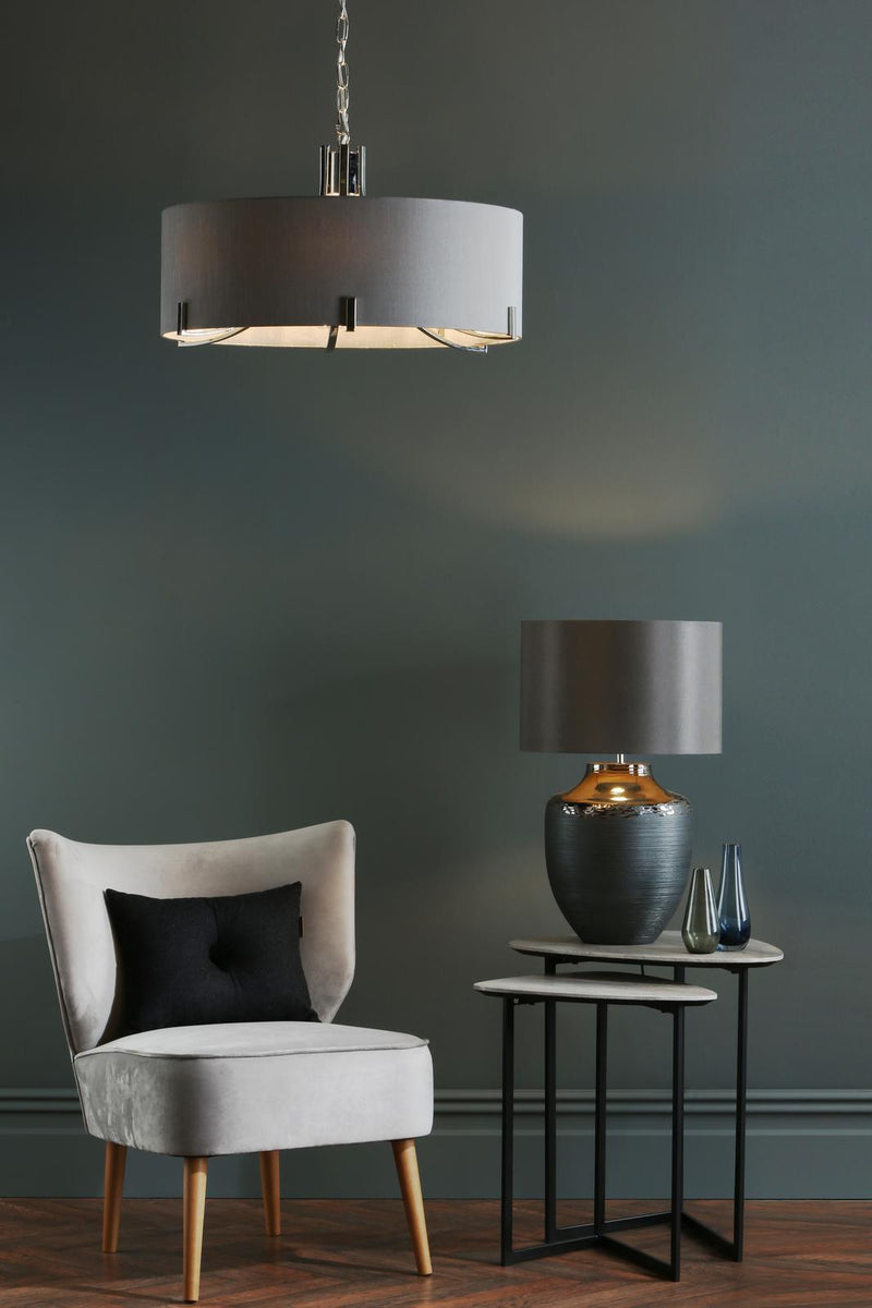 Dar Lighting Veyron 6 Light Pendant Polished Nickel With Grey Shade • VEY0639