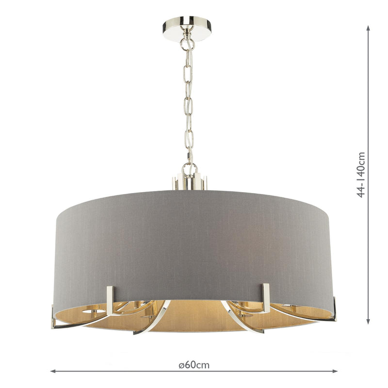 Dar Lighting Veyron 6 Light Pendant Polished Nickel With Grey Shade • VEY0639