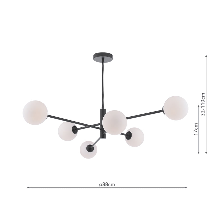 Dar Lighting Vignette 6 Light Pendant Matt Black With Opal Glass • VIG0622-02
