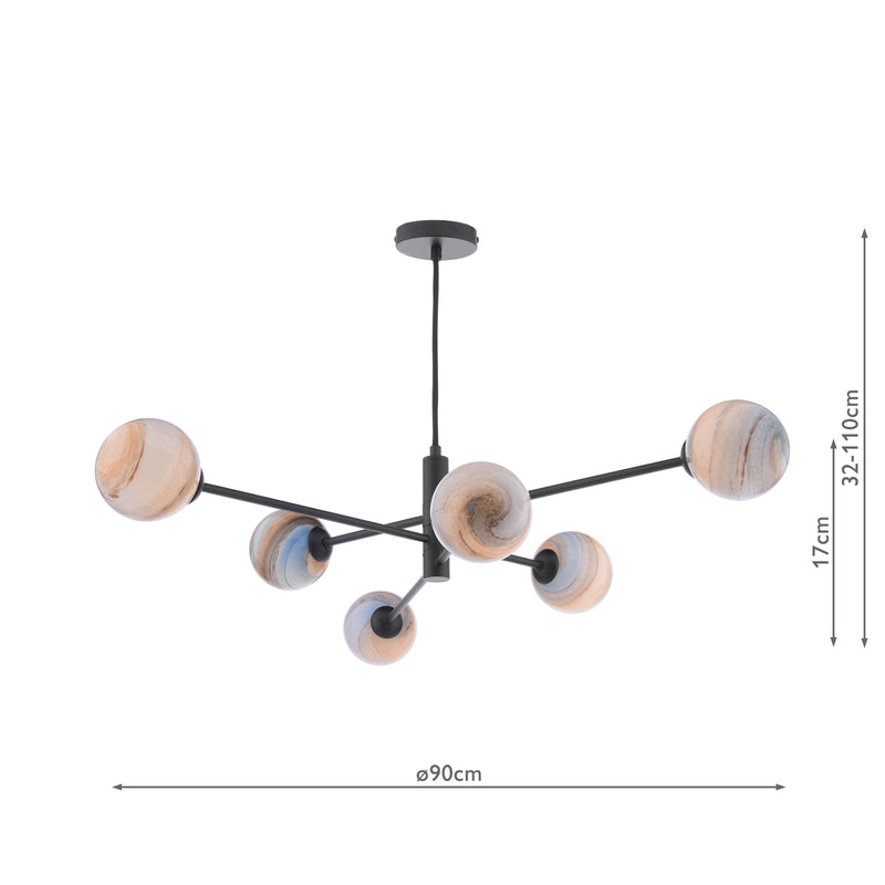 Dar Lighting Vignette 6 Light Pendant Matt Black With Planet Style Glass • VIG0622-07L