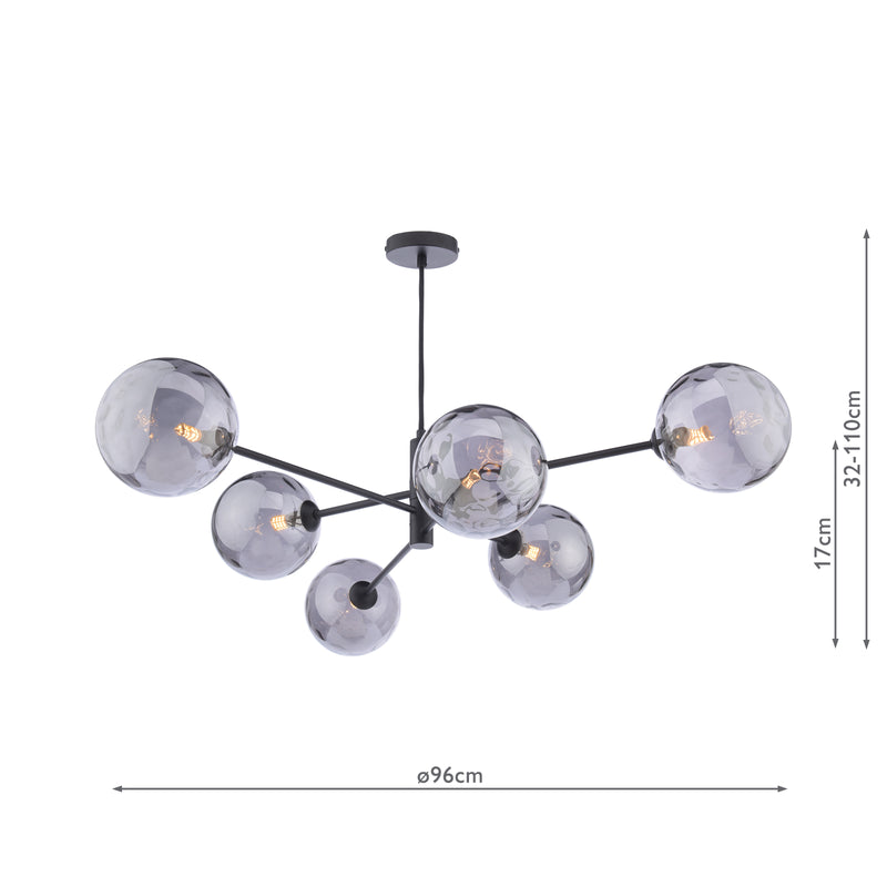 Dar Lighting Vignette 6 Light Pendant Matt Black With Smoked Dimpled Glass • VIG0622-10
