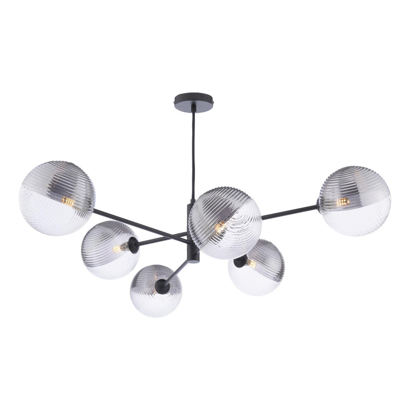 Dar Lighting Vignette 6 Light Pendant Matt Black With Smoked/Clear Ribbed Glass • VIG0622-19