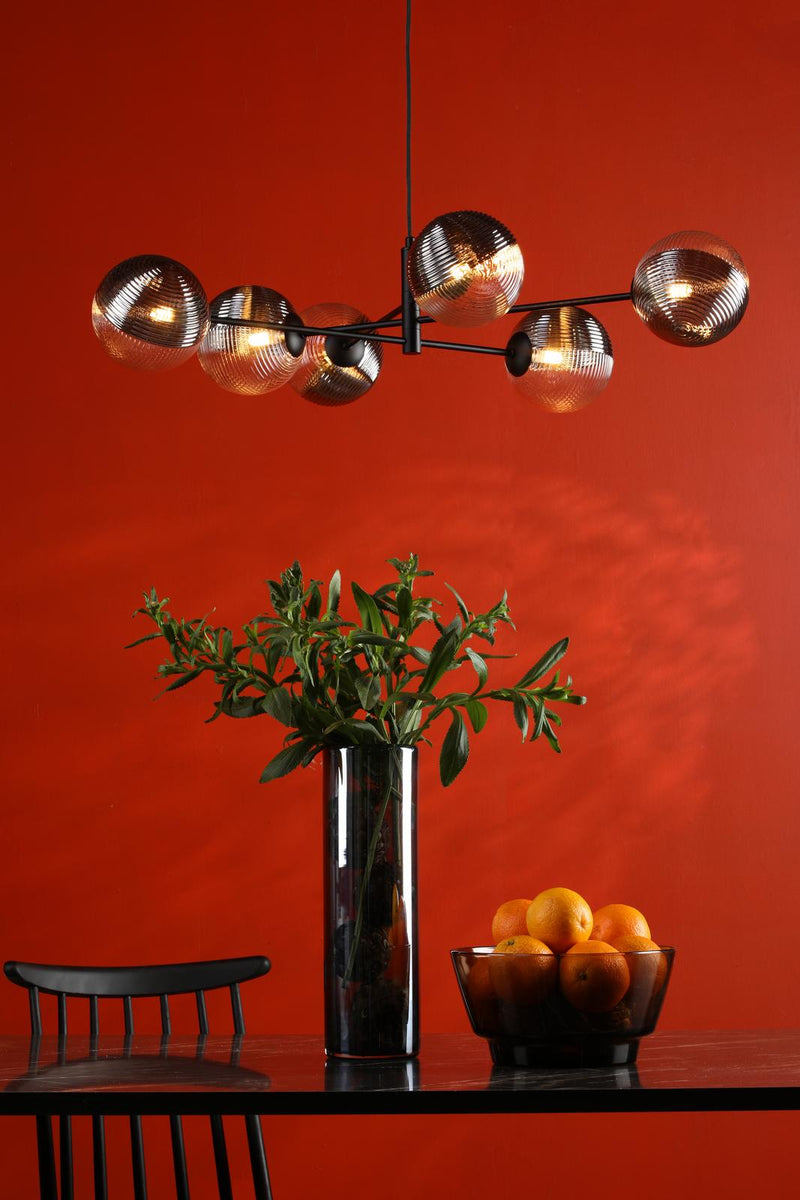 Dar Lighting Vignette 6 Light Pendant Matt Black With Smoked/Clear Ribbed Glass • VIG0622-19