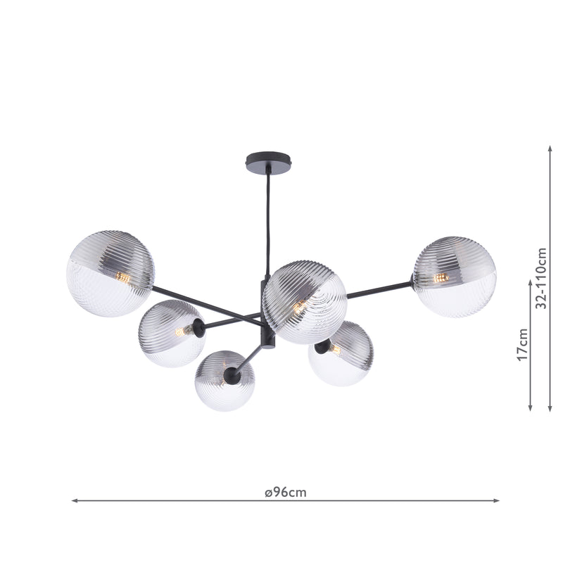 Dar Lighting Vignette 6 Light Pendant Matt Black With Smoked/Clear Ribbed Glass • VIG0622-19