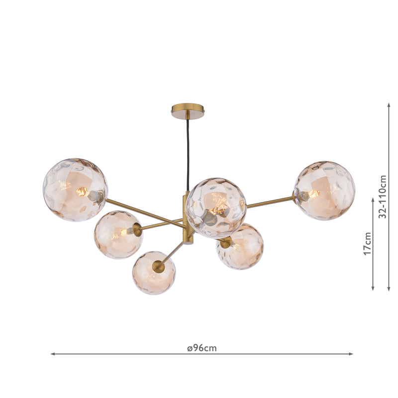 Dar Lighting Vignette 6 Light Pendant Aged Brass With Amber Dimpled Glass • VIG0645-11