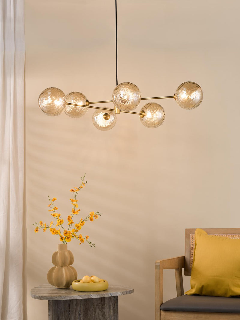 Dar Lighting Vignette 6 Light Pendant Aged Brass With Twisted Amber Glass • VIG0645-26