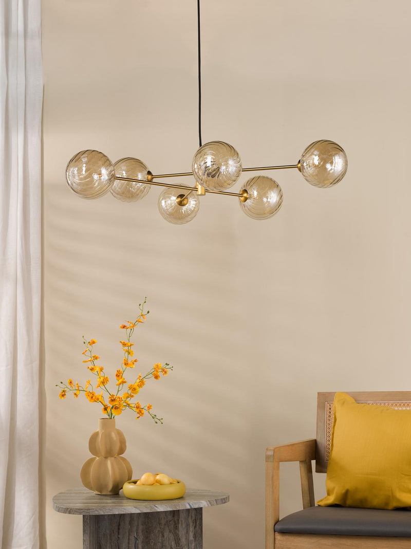 Dar Lighting Vignette 6 Light Pendant Aged Brass With Twisted Amber Glass • VIG0645-26