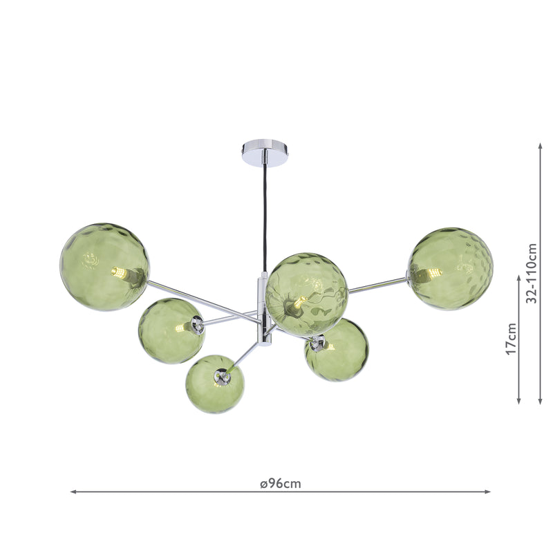 Dar Lighting Vignette 6 Light Pendant Polished Chrome With Green Dimpled Glass • VIG0650-14