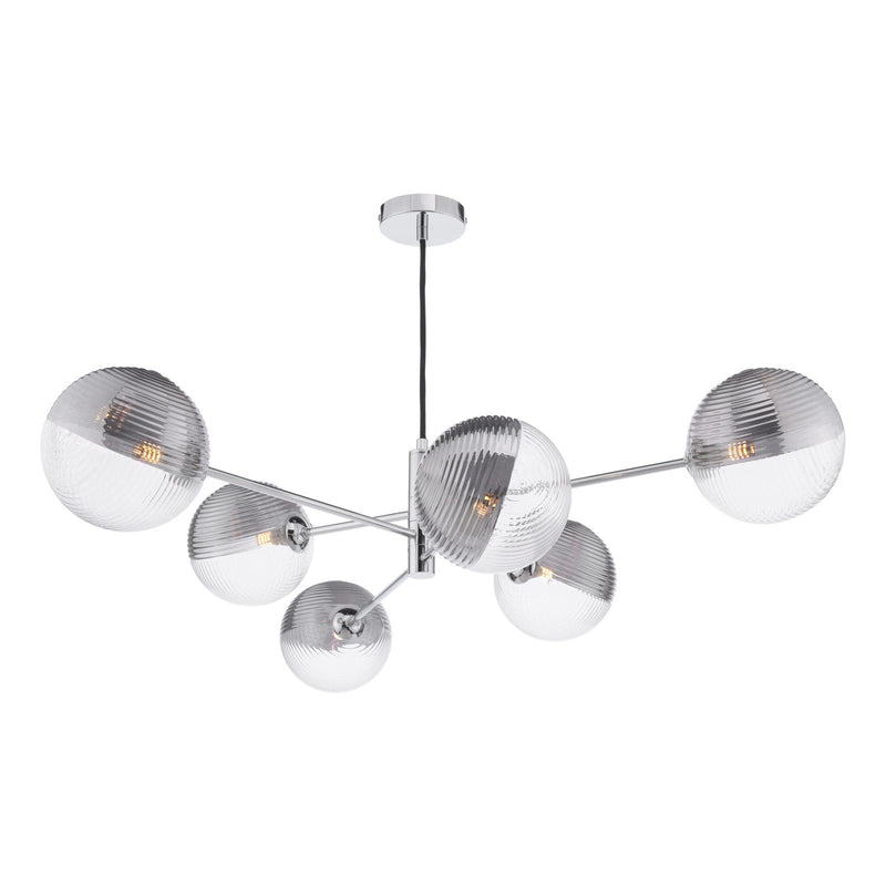 Dar Lighting Vignette 6 Light Pendant Polished Chrome With Smoked/Clear Ribbed Glass • VIG0650-19