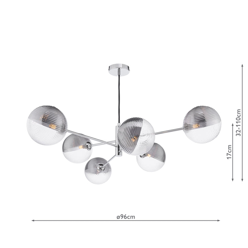 Dar Lighting Vignette 6 Light Pendant Polished Chrome With Smoked/Clear Ribbed Glass • VIG0650-19