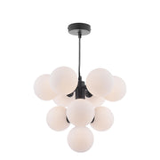 Modern chandelier with multiple glass shades on a white background