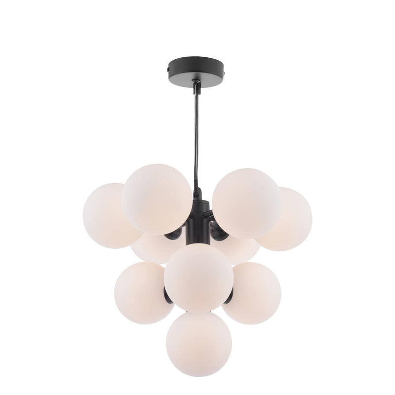 Modern chandelier with multiple glass shades on a white background