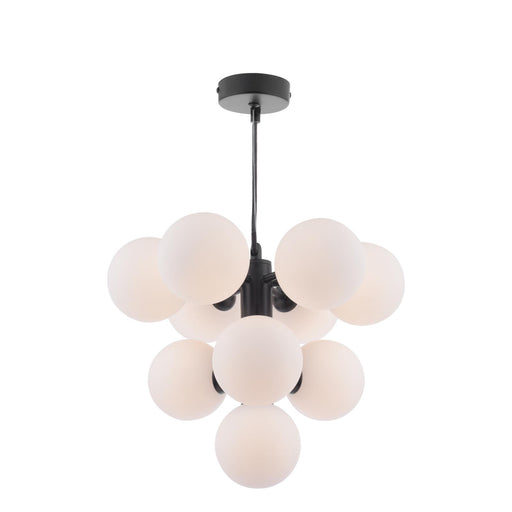 Modern chandelier with multiple glass shades on a white background