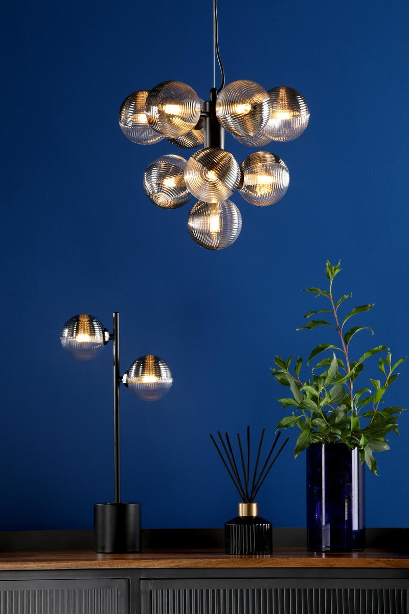 Dar Lighting Vine 10 Light Pendant Satin Black With Smoked/Clear Ribbed Glass • VIN2322-18
