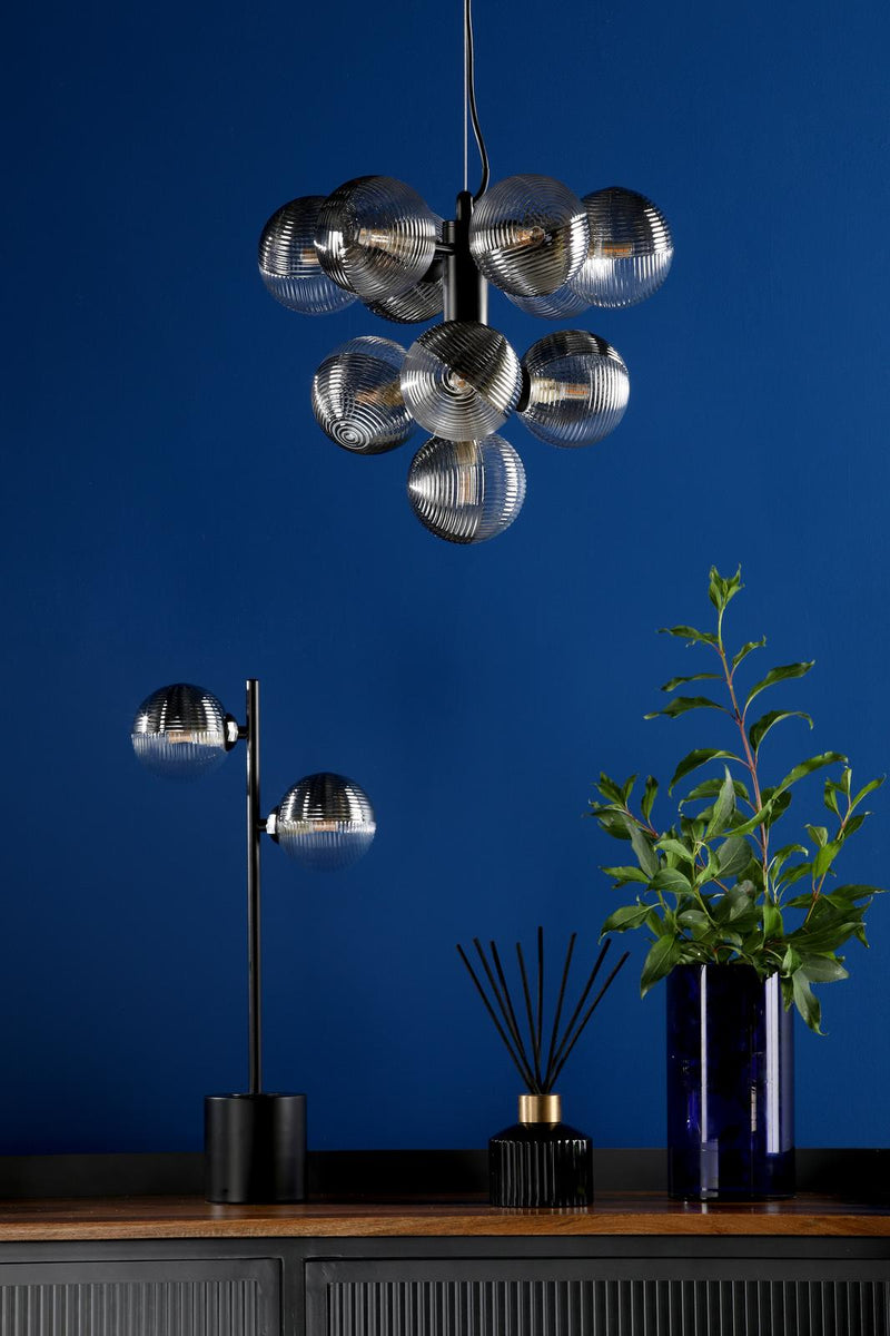 Dar Lighting Vine 10 Light Pendant Satin Black With Smoked/Clear Ribbed Glass • VIN2322-18