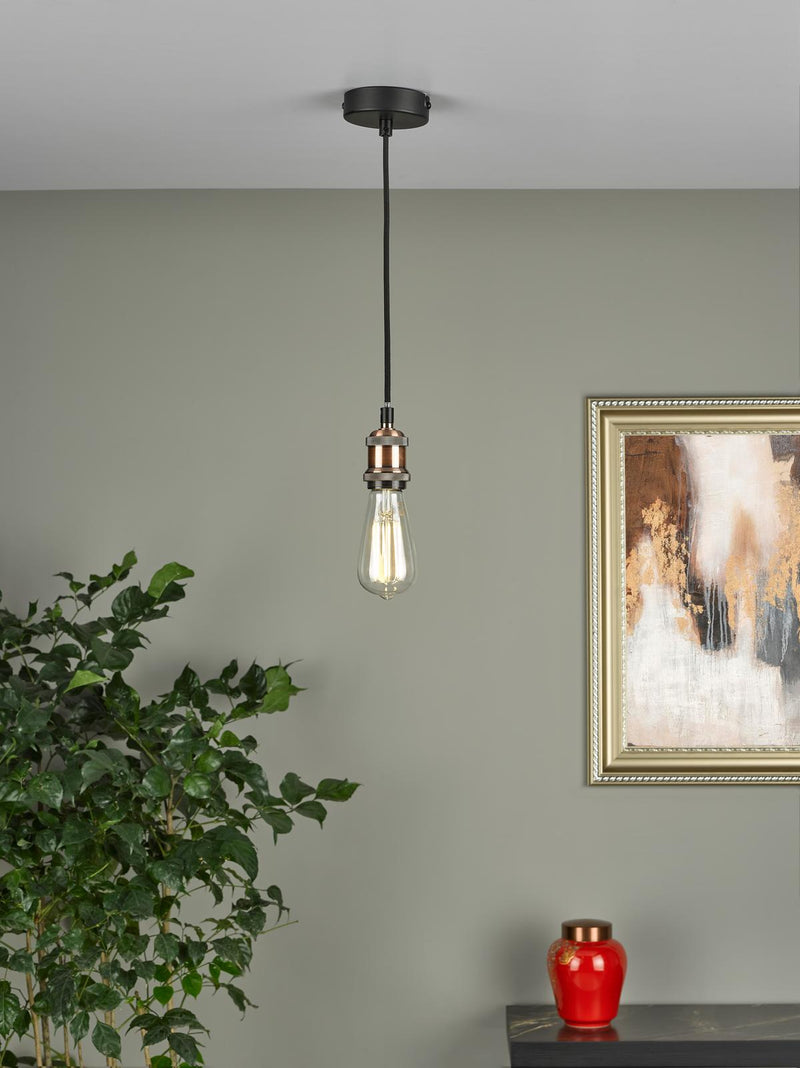 Dar Lighting Waco 1 Light E27 Suspension Antique Copper Matt Black • WAC0164