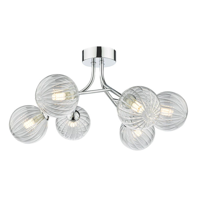 Dar Lighting Yiska 6 Light Semi Flush Polished Chrome Ribbed Glass • YIS6450