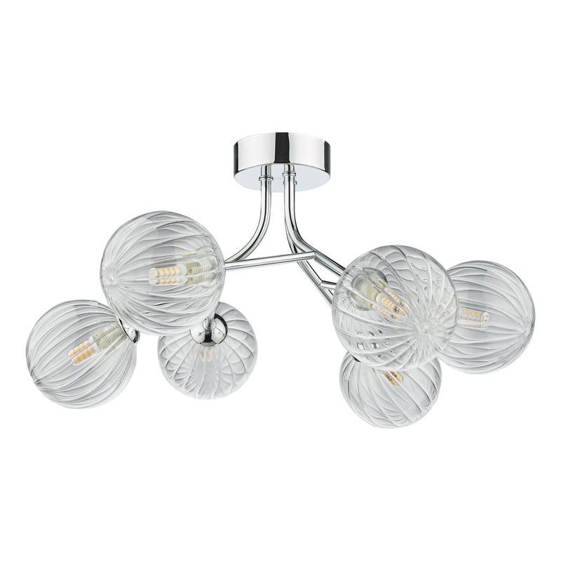 Dar Lighting Yiska 6 Light Semi Flush Polished Chrome Ribbed Glass • YIS6450