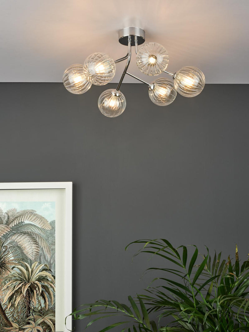 Dar Lighting Yiska 6 Light Semi Flush Polished Chrome Ribbed Glass • YIS6450