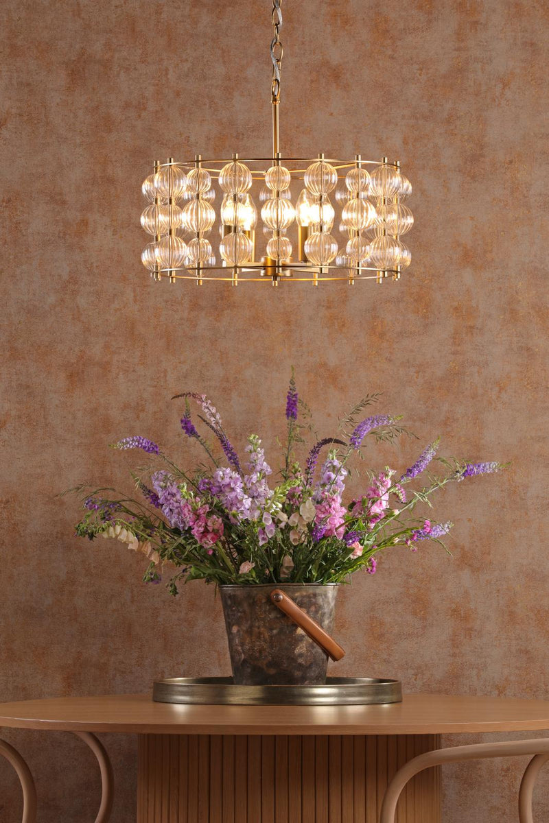 Dar Lighting Yuridia 4 Light Pendant Satin Gold and Ribbed Glass • YUR0435