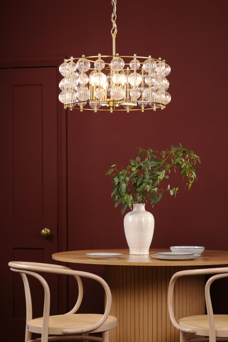 Dar Lighting Yuridia 4 Light Pendant Satin Gold and Ribbed Glass • YUR0435