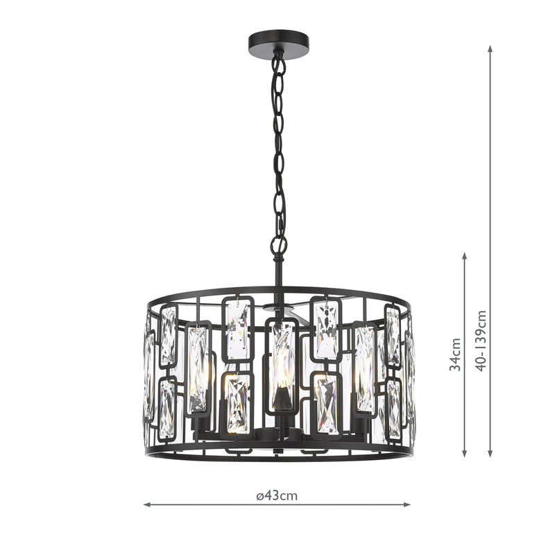 Dar Lighting Zoelle 5 Light Pendant Matt Black and Crystal • ZOE0522