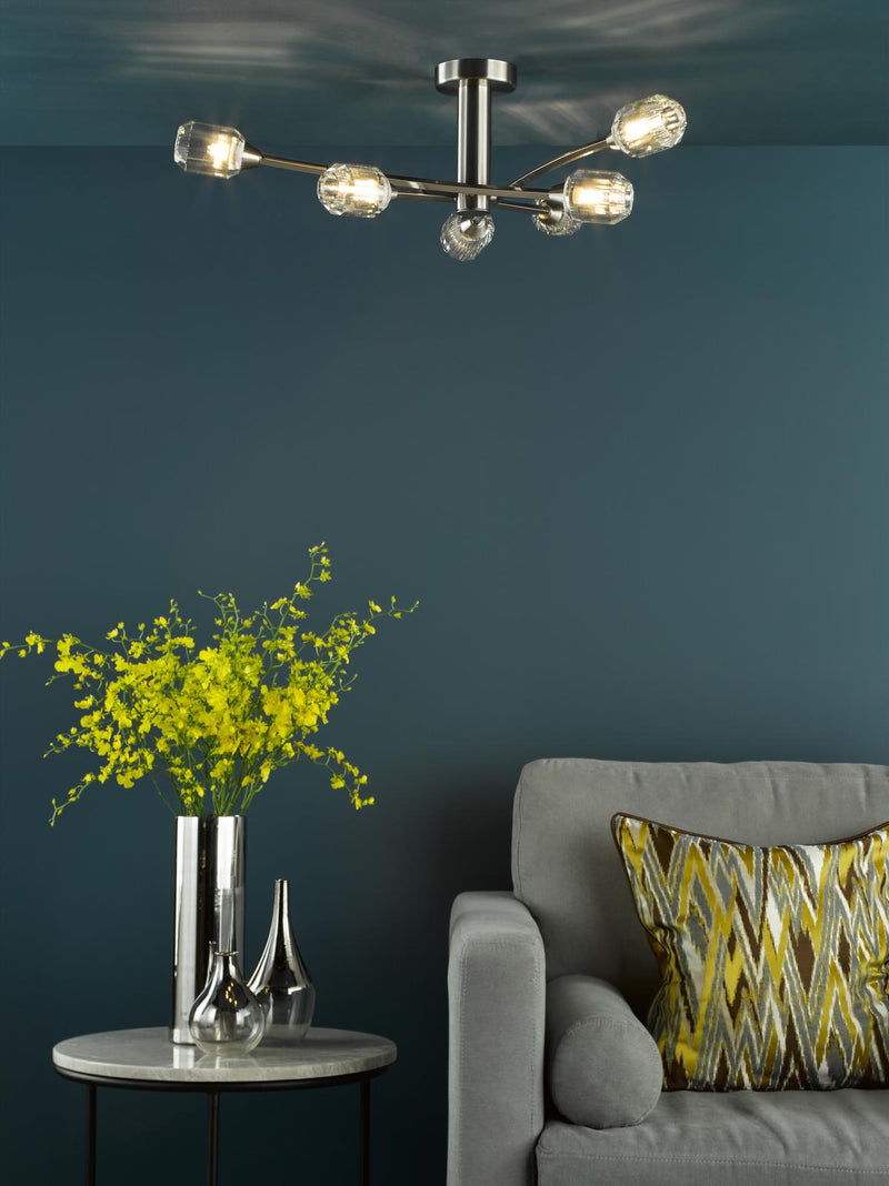 Dar Lighting Zonda 6 Light Semi-Flush Brushed Nickel and Crystal • ZON6438