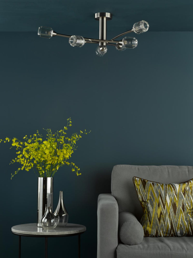 Dar Lighting Zonda 6 Light Semi-Flush Brushed Nickel and Crystal • ZON6438