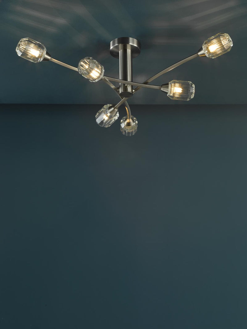 Dar Lighting Zonda 6 Light Semi-Flush Brushed Nickel and Crystal • ZON6438