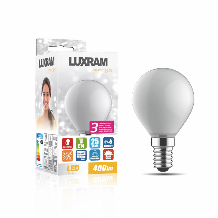 Luxram Value Classic LED Ball E14 Dimmable 4W Warm White 2700K, 400lm, Frosted Finish • 763542133