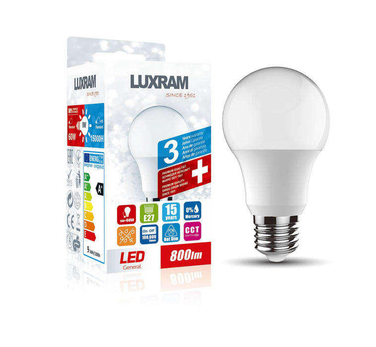 Luxram CCT LED GLS 9W Switchable White 2700K/4000K/6400K 800lm 3yrs Warranty  • 1202036