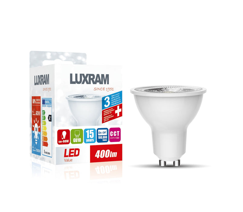 Luxram CCT LED GU10 5W Switchable White 2700K/4000K/6400K 400lm 3yrs Warranty • 1202416