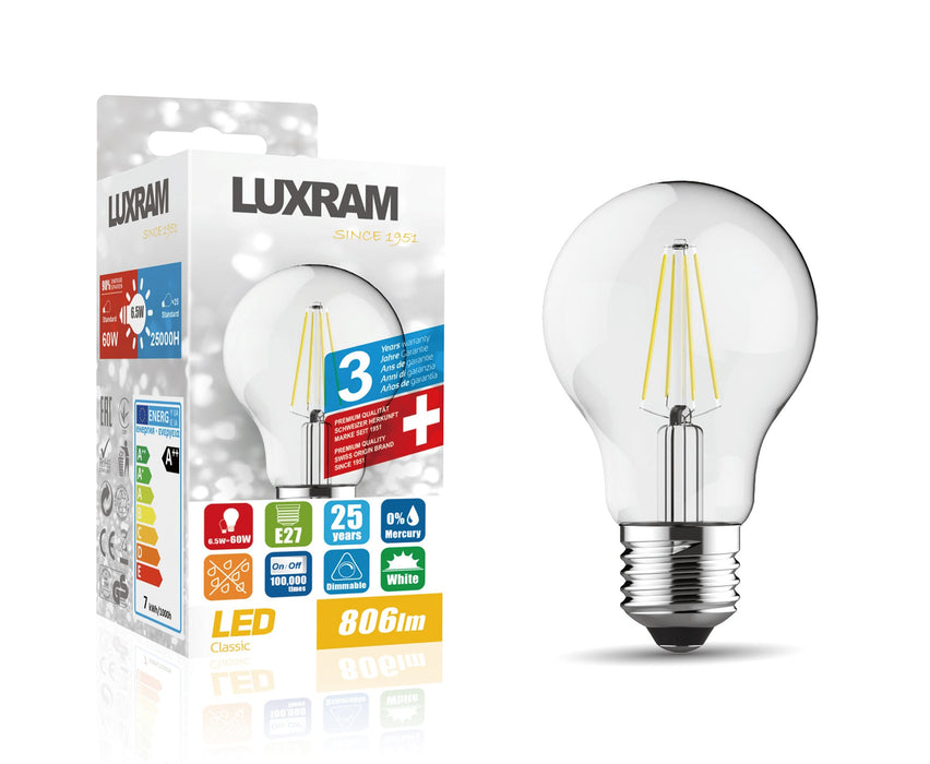 Luxram Value Classic LED GLS E27 Dimmable 6.5W Cool White 6000K, 806lm, Clear Finish, 3yrs Warranty  • 1410114