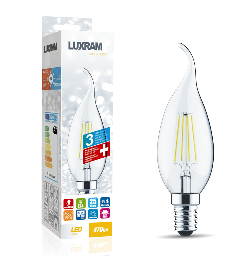 Luxram Value Classic LED Candle Tip E14 Dimmable 4W 4000K Natural White, 470lm, Clear Finish, 3yrs Warranty  • 1410413