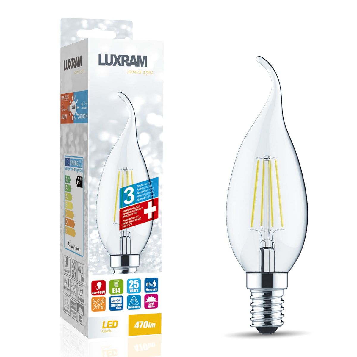 Luxram Value Classic LED Candle Tip E14 Dimmable 4W 4000K Natural 