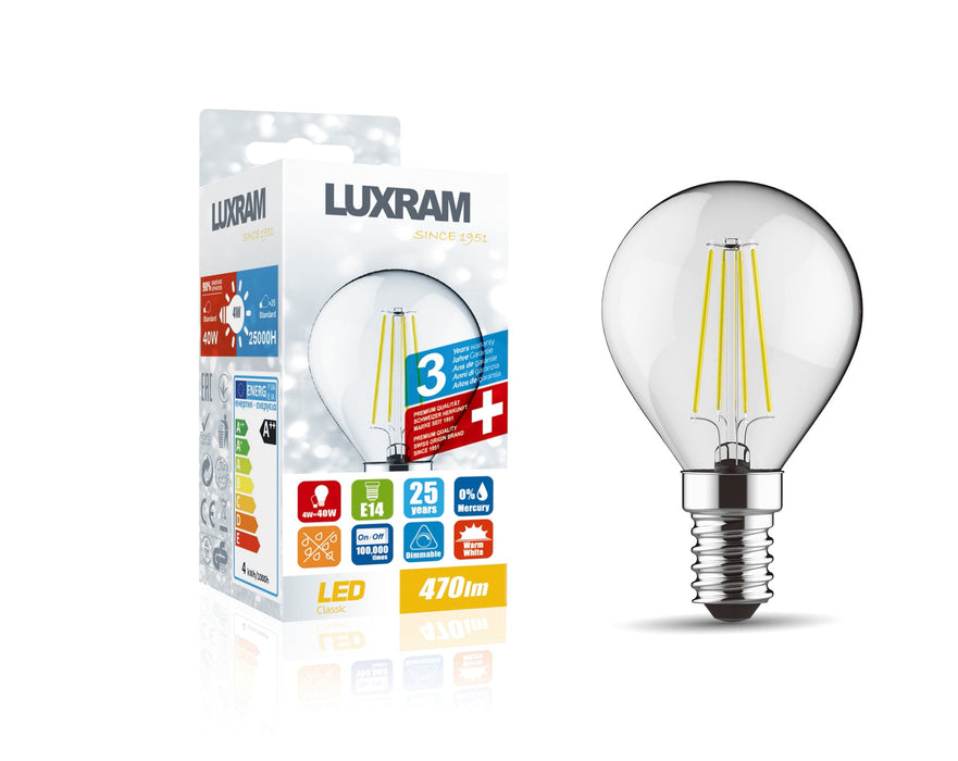 Luxram Value Classic LED Ball E14 Dimmable 4W 3000K Warm White, 470lm, Clear Finish, 3yrs Warranty • 1410802